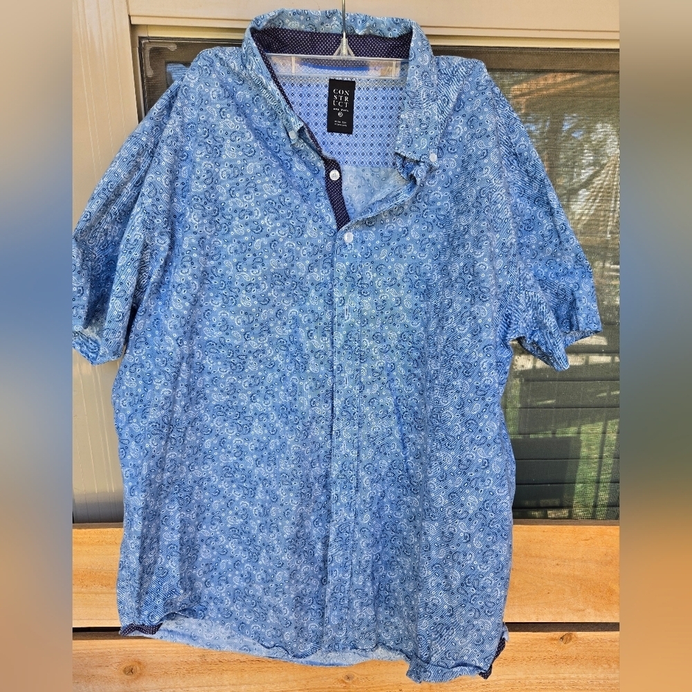 Construct New York Men's Short Sleeve Button Up Shirt Blue Paisley Sz XL Slim Fi